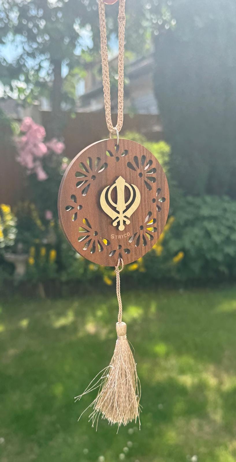 Wooden Khanda Hanger Car Mirror Sikh Singh Khalsa Pendant Floral Ornament ZZ2