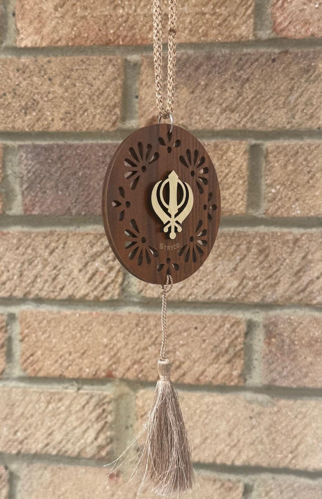 Wooden Khanda Hanger Car Mirror Sikh Singh Khalsa Pendant Floral Ornament ZZ2