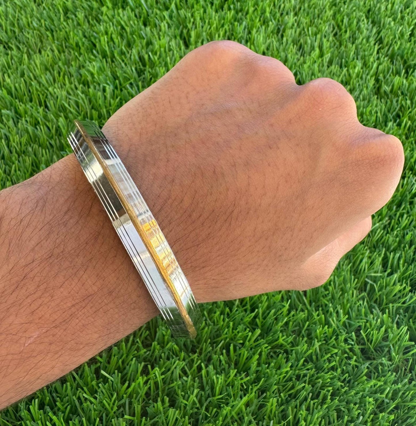 Sikh Kara Stainless Steel Thick Seven Lines Bracelet Brass Line Kada Singh Kaur Khalsa Kakaar Punjabi Sikhism Bangle Karra Edged Design DD53