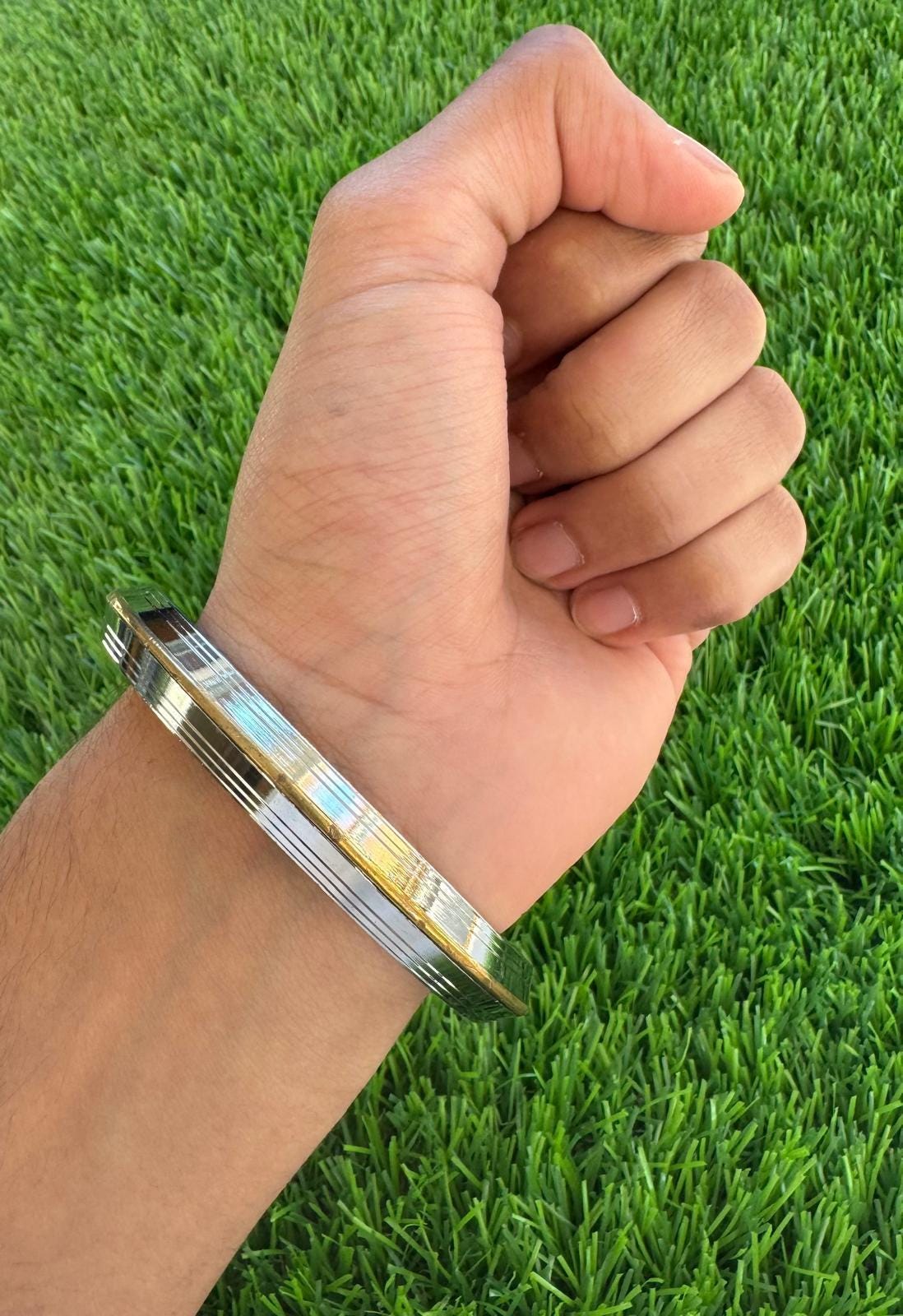 Sikh Kara Stainless Steel Thick Seven Lines Bracelet Brass Line Kada Singh Kaur Khalsa Kakaar Punjabi Sikhism Bangle Karra Edged Design DD53