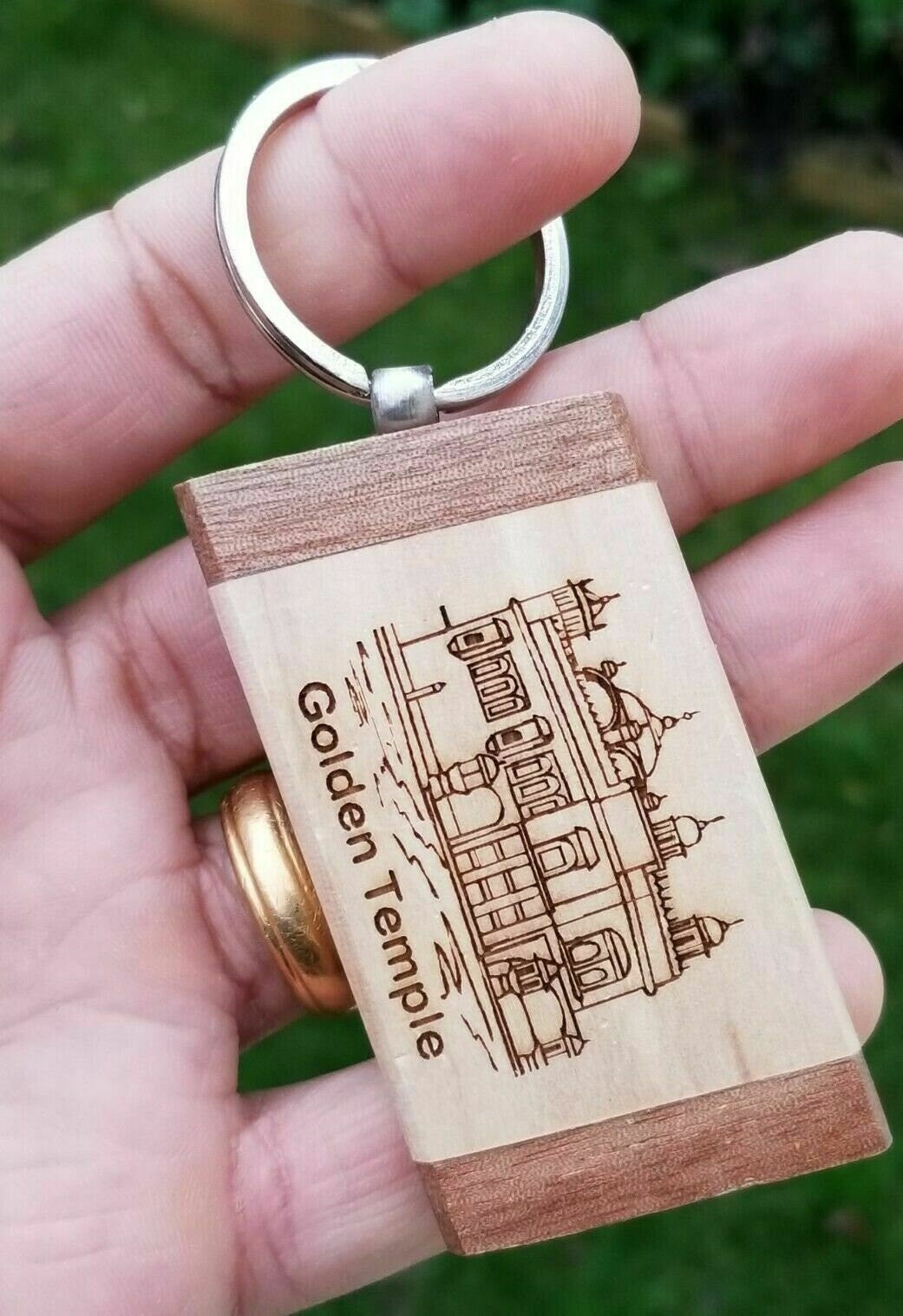 Sikh Key Ring Golden Temple Key chain Punjabi Singh Kaur Khalsa Wood Amritsar OF
