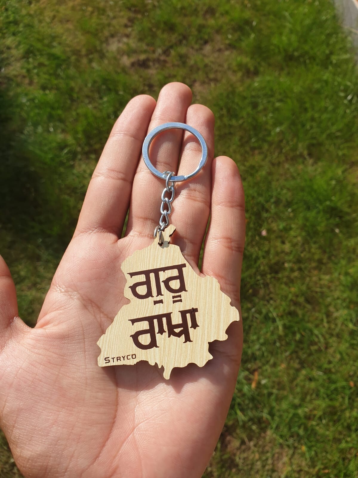 Punjabi Wooden Keyrings Sikh Guru Rakha Chardi Kala Jeevay Punjab Keychains ZZ32