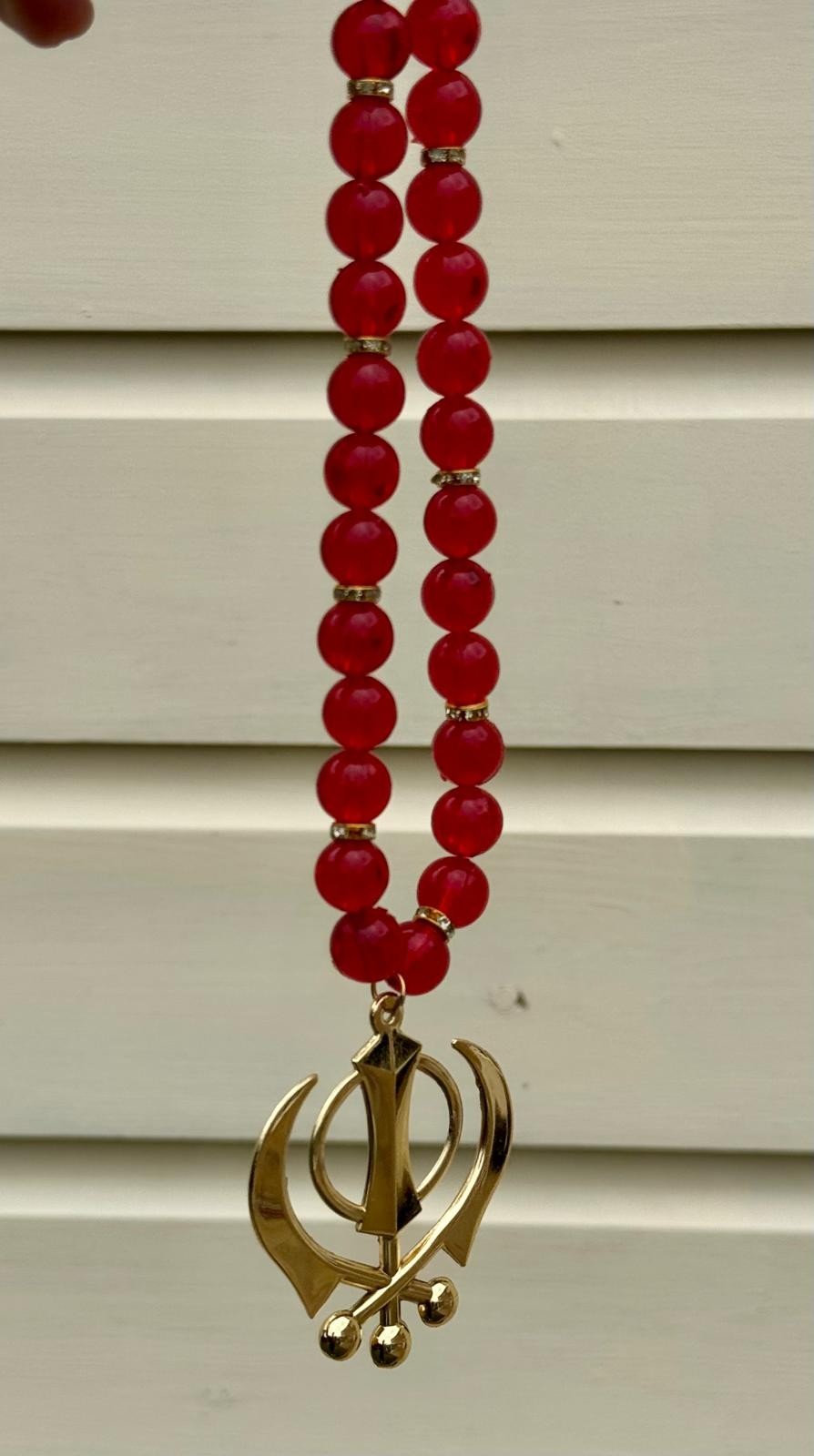 Sikh Khanda Hanger Car Rear Mirror Gold Plated Pendant Red Mala Singh Kaur ZZZ17