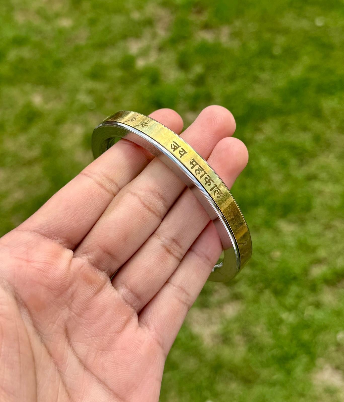 Hindu Steel Brass Kara Jai Mahakaal Mantra Engraved Smooth Flat Kada Bangle B36
