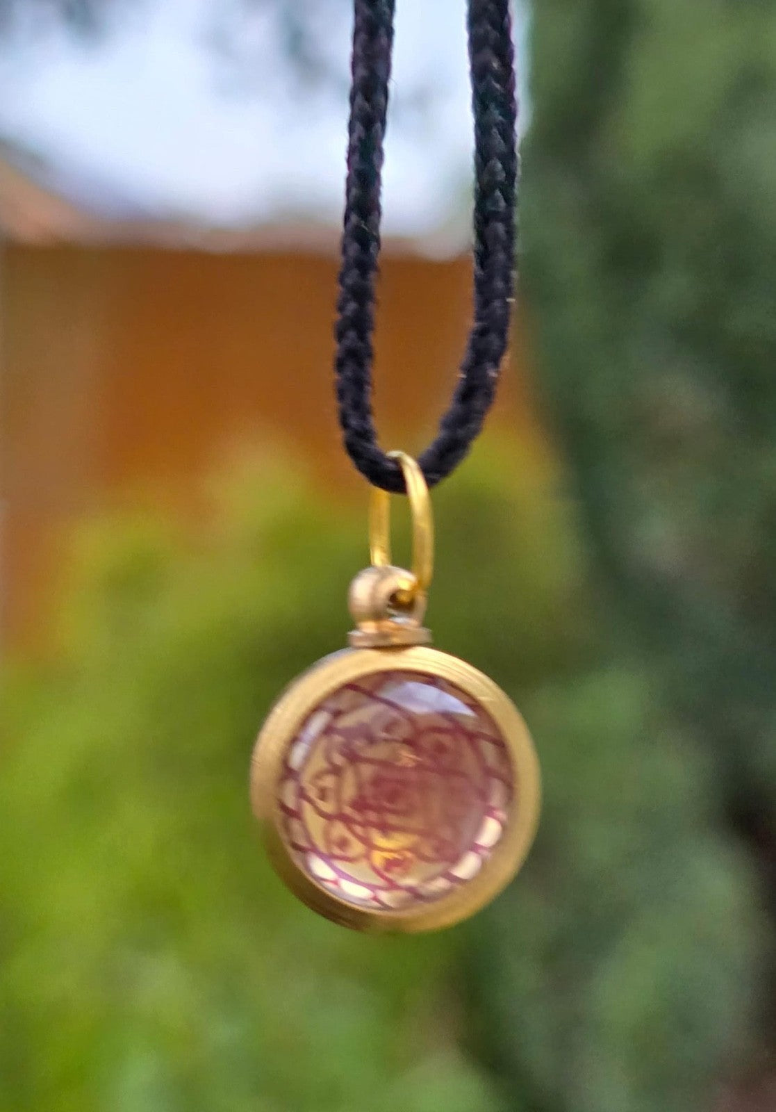Hindu Sri Yantra Brass Pendant Om Evil Eye Protection Nazar Shield in black Dori