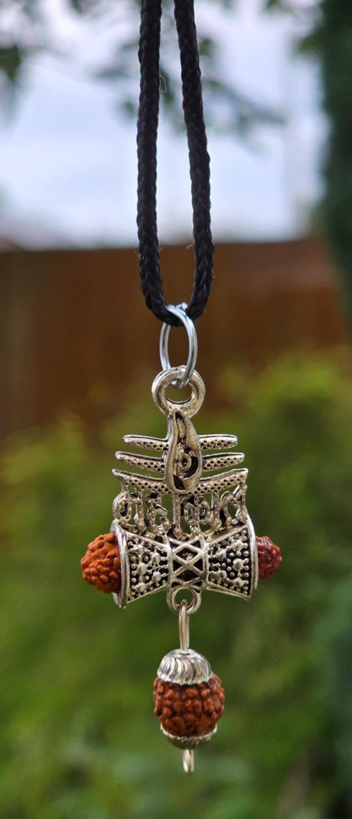 Hindu Silver plated Rudraksha Om Trishul Mahakaal Shiva Pendant Nazar Shield Q37