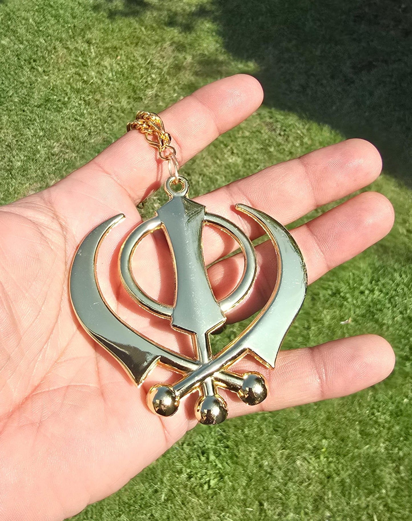 Gold plated punjabi sikh large khanda no stones stunning pendant car rear mirror