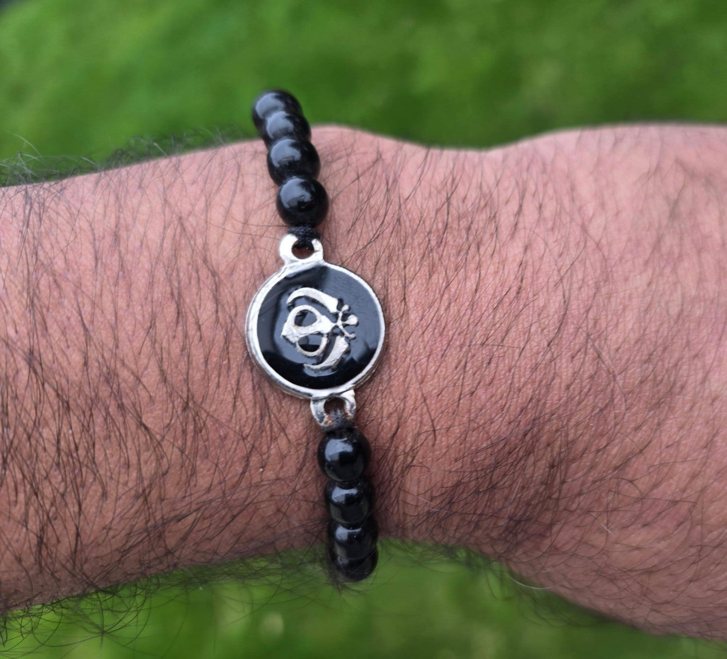 Sikh Khanda Bracelet Black Beads Adjustable Size Singh Kaur Evil Eye Protection