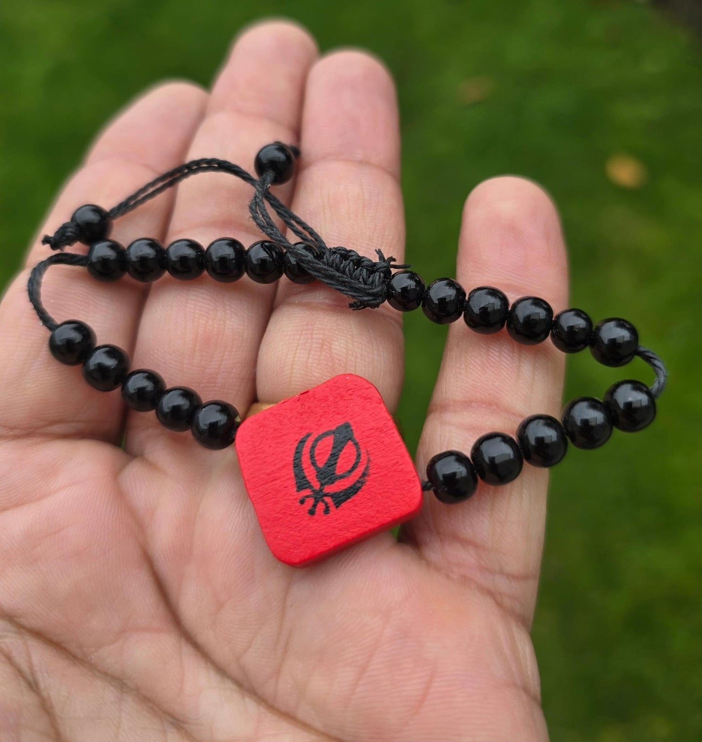 Sikh Khanda Bracelet Black Beads Adjustable Size Singh Kaur Evil Eye Protection