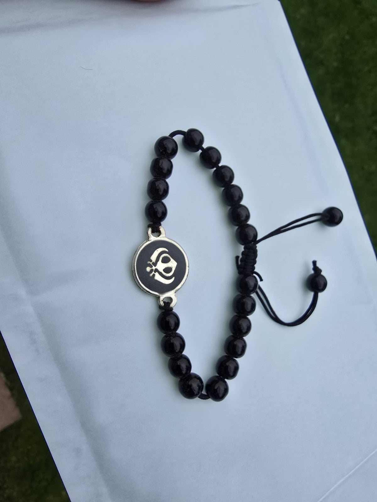 Sikh Khanda Bracelet Black Beads Adjustable Size Singh Kaur Evil Eye Protection