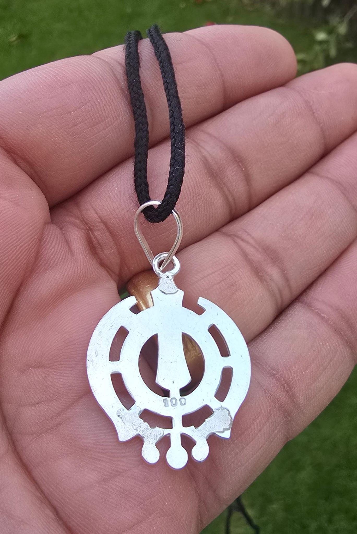 Sikh Khanda Pendant Chandi 925 Sterling Silver Necklace in Black Dori Singh Kaur Khalsa Handmade A31