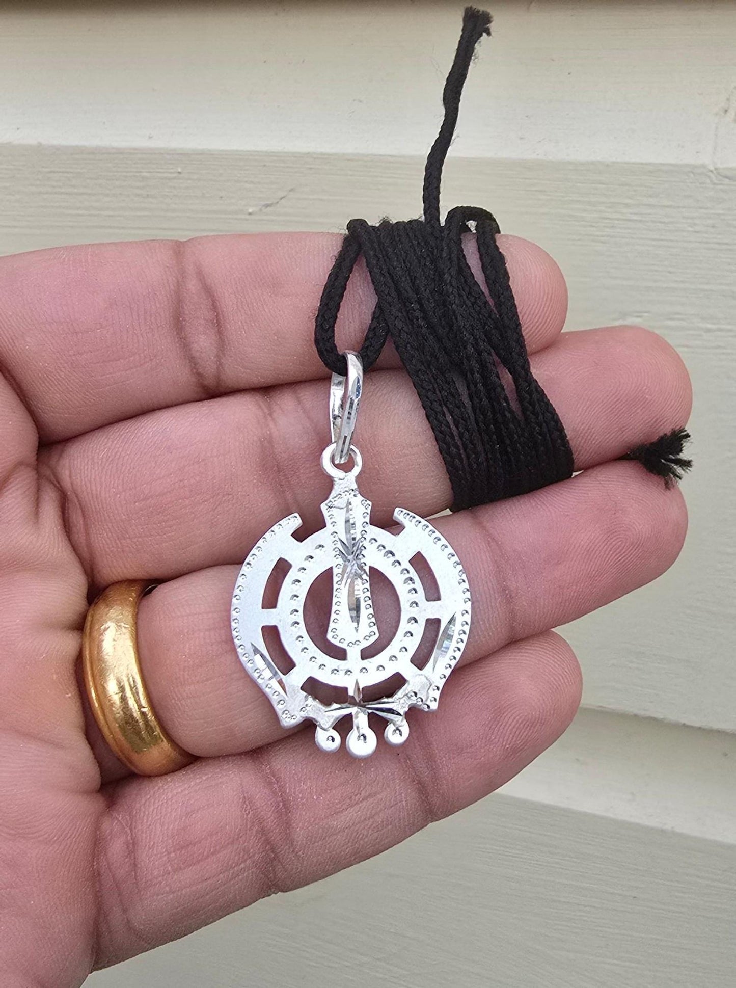 Sikh Khanda Pendant Chandi 925 Sterling Silver Necklace in Black Dori Singh Kaur Khalsa Handmade A31