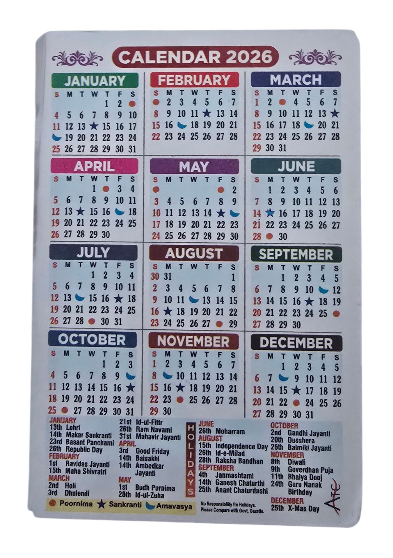 5 sikh blessing good luck pocket calendars 2026 singh kaur hindu festivals b44