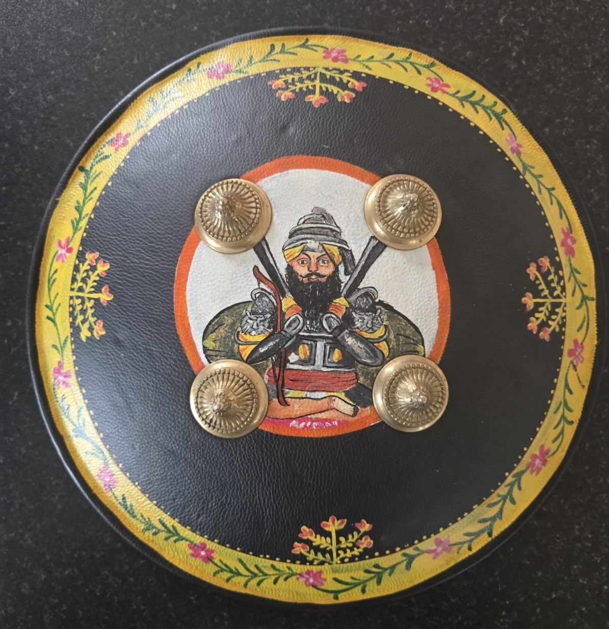 Hand Painted Leather Sikh Dhal Wall Decor – Baba Deep Singh Ji Nihang Phoola ji