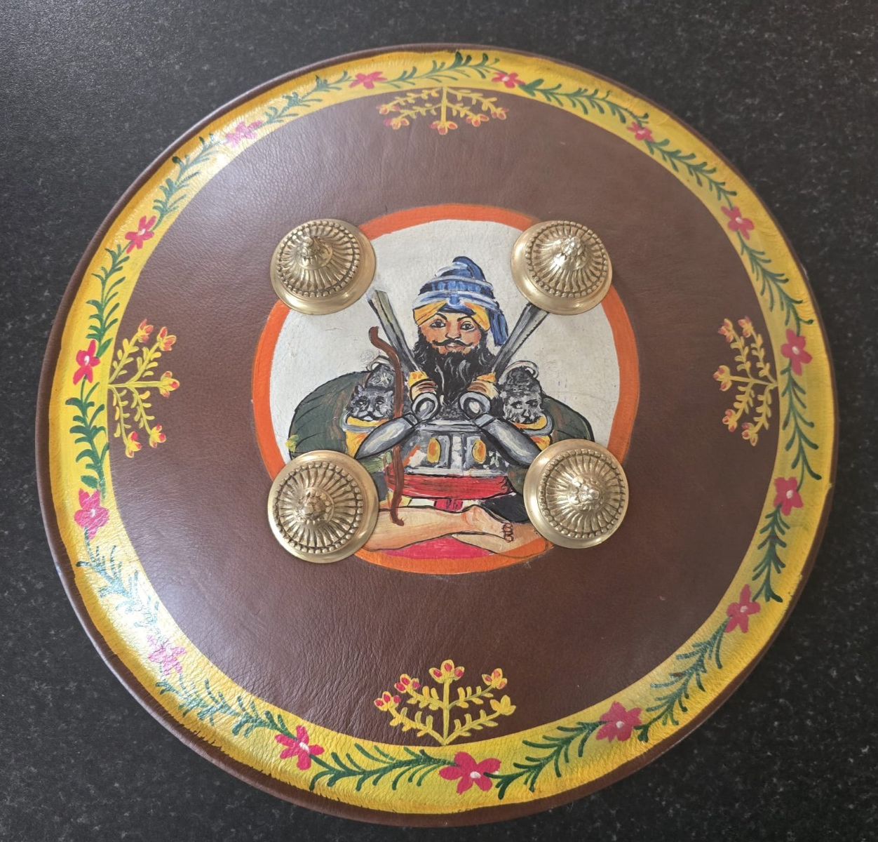 Hand Painted Leather Sikh Dhal Wall Decor – Baba Deep Singh Ji Nihang Phoola ji