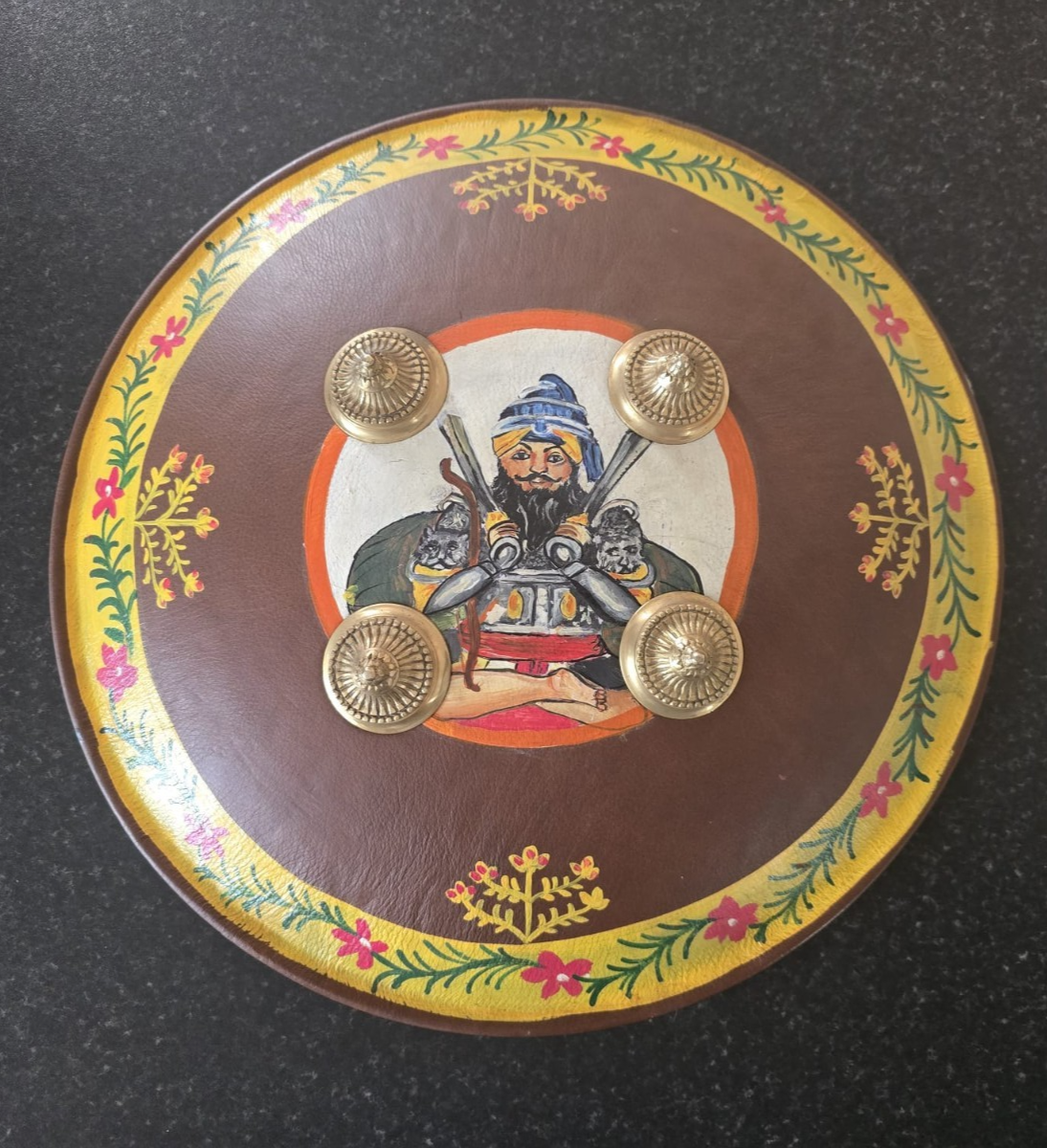 Hand Painted Leather Sikh Dhal Wall Decor – Baba Deep Singh Ji Nihang Phoola ji