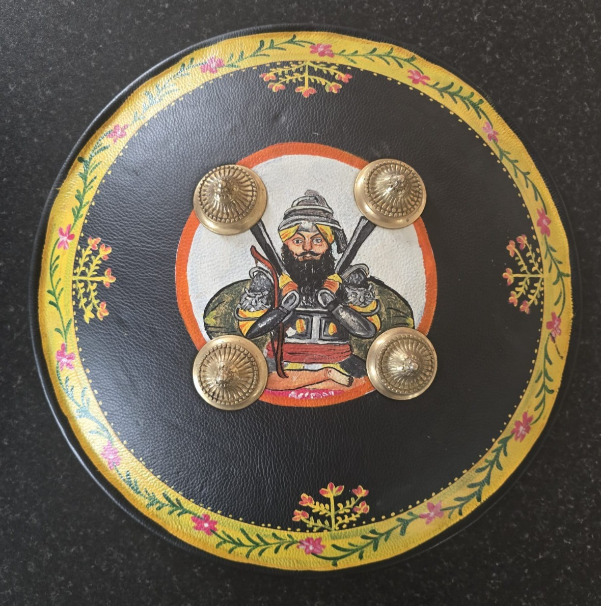 Hand Painted Leather Sikh Dhal Wall Decor – Baba Deep Singh Ji Nihang Phoola ji