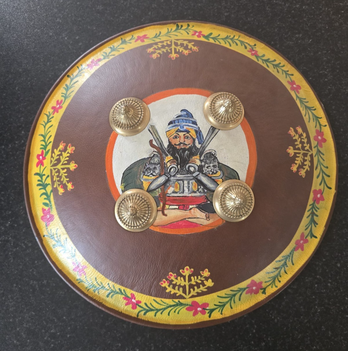Hand Painted Leather Sikh Dhal Wall Decor – Baba Deep Singh Ji Nihang Phoola ji