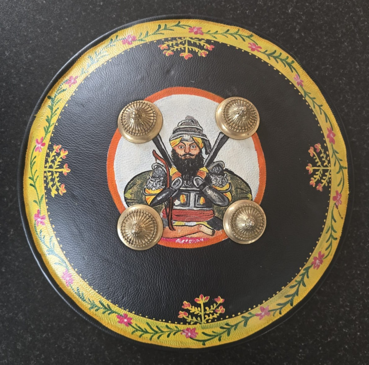 Hand Painted Leather Sikh Dhal Wall Decor – Baba Deep Singh Ji Nihang Phoola ji