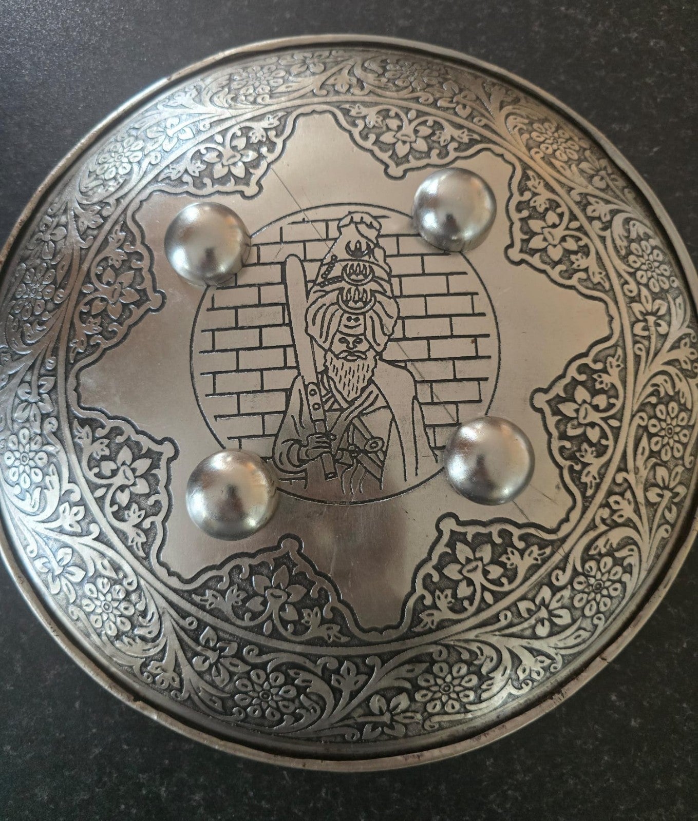 12” Silver Plated Iron Sikh Dhall Shield Nihang Singh & Baba Bidhi Cha ...