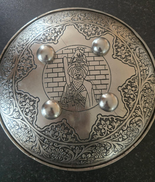 12” Silver Plated Iron Sikh Dhall Shield Nihang Singh & Baba Bidhi Chand Ji Wall