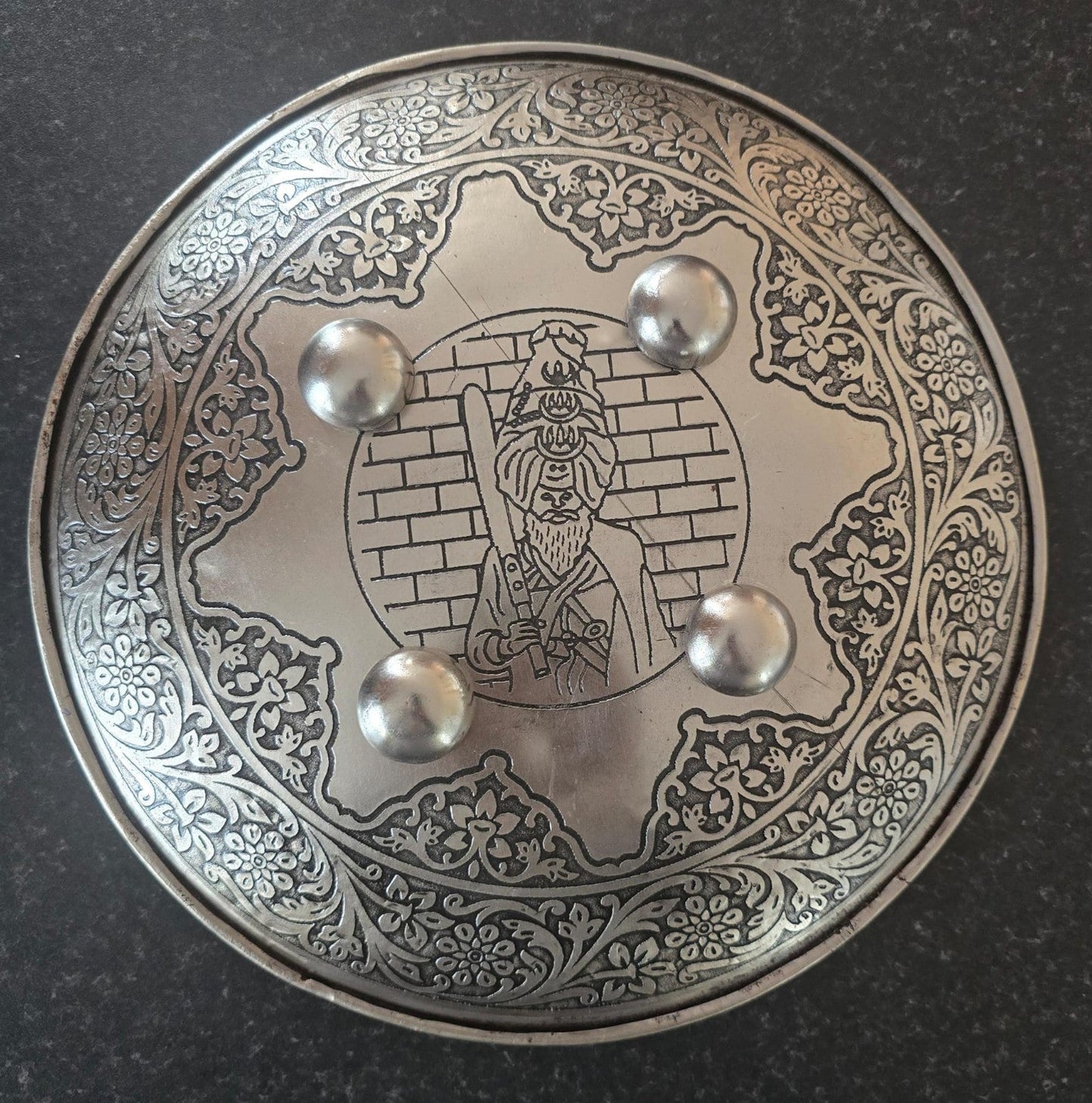 12” Silver Plated Iron Sikh Dhall Shield Nihang Singh & Baba Bidhi Chand Ji Wall