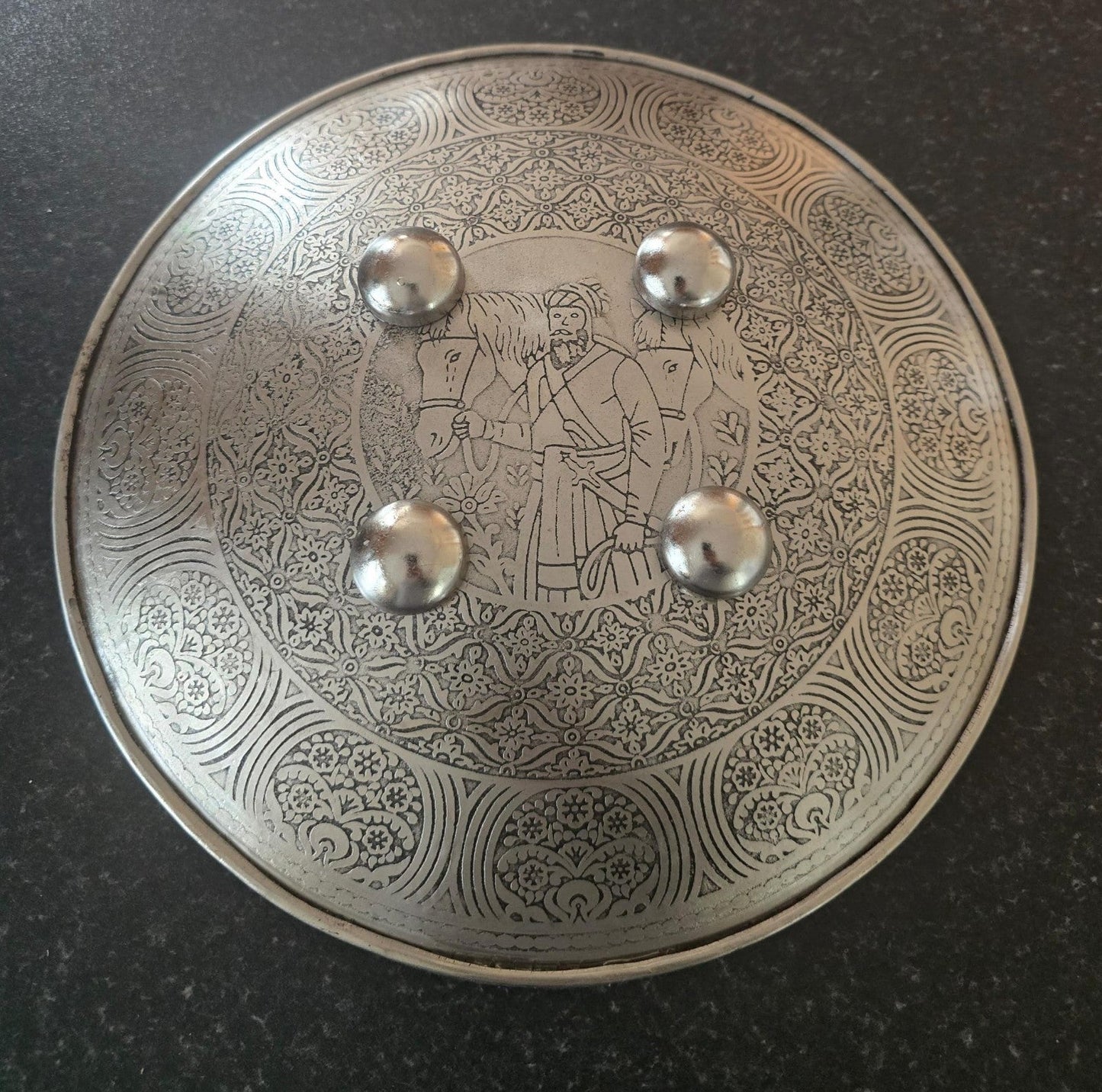 12” Silver Plated Iron Sikh Dhall Shield Nihang Singh & Baba Bidhi Chand Ji Wall