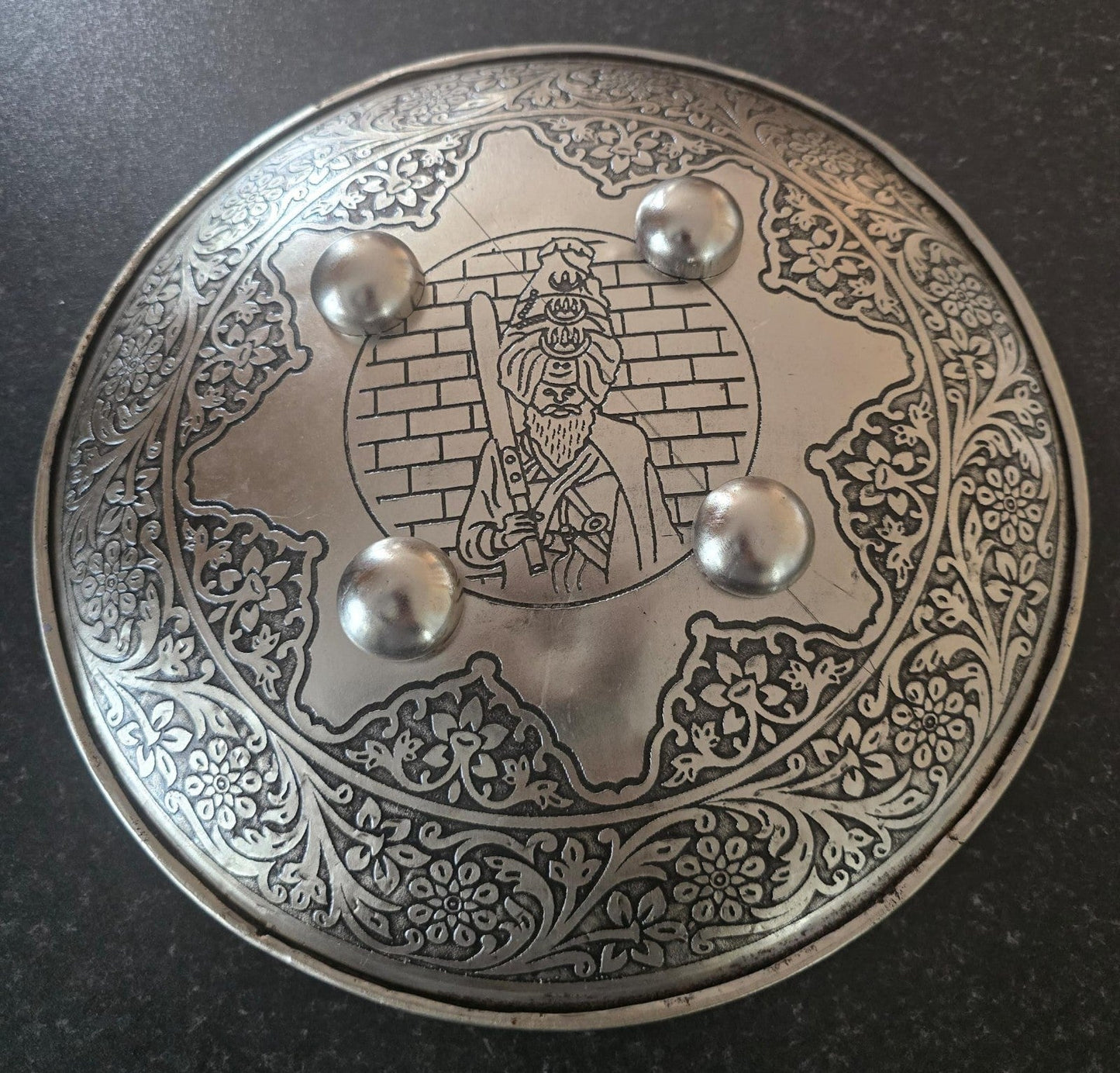 12” Silver Plated Iron Sikh Dhall Shield Nihang Singh & Baba Bidhi Chand Ji Wall
