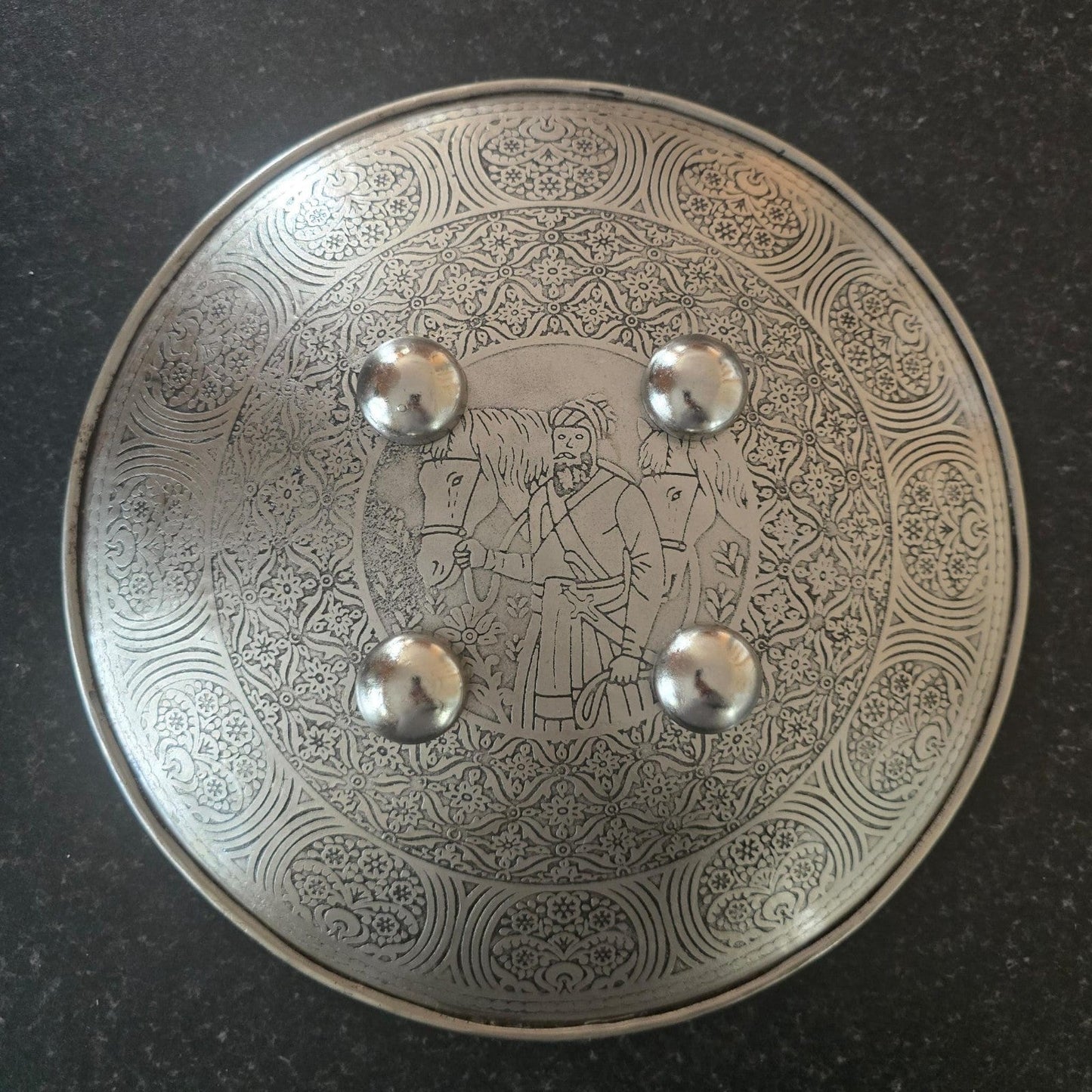 12” Silver Plated Iron Sikh Dhall Shield Nihang Singh & Baba Bidhi Chand Ji Wall