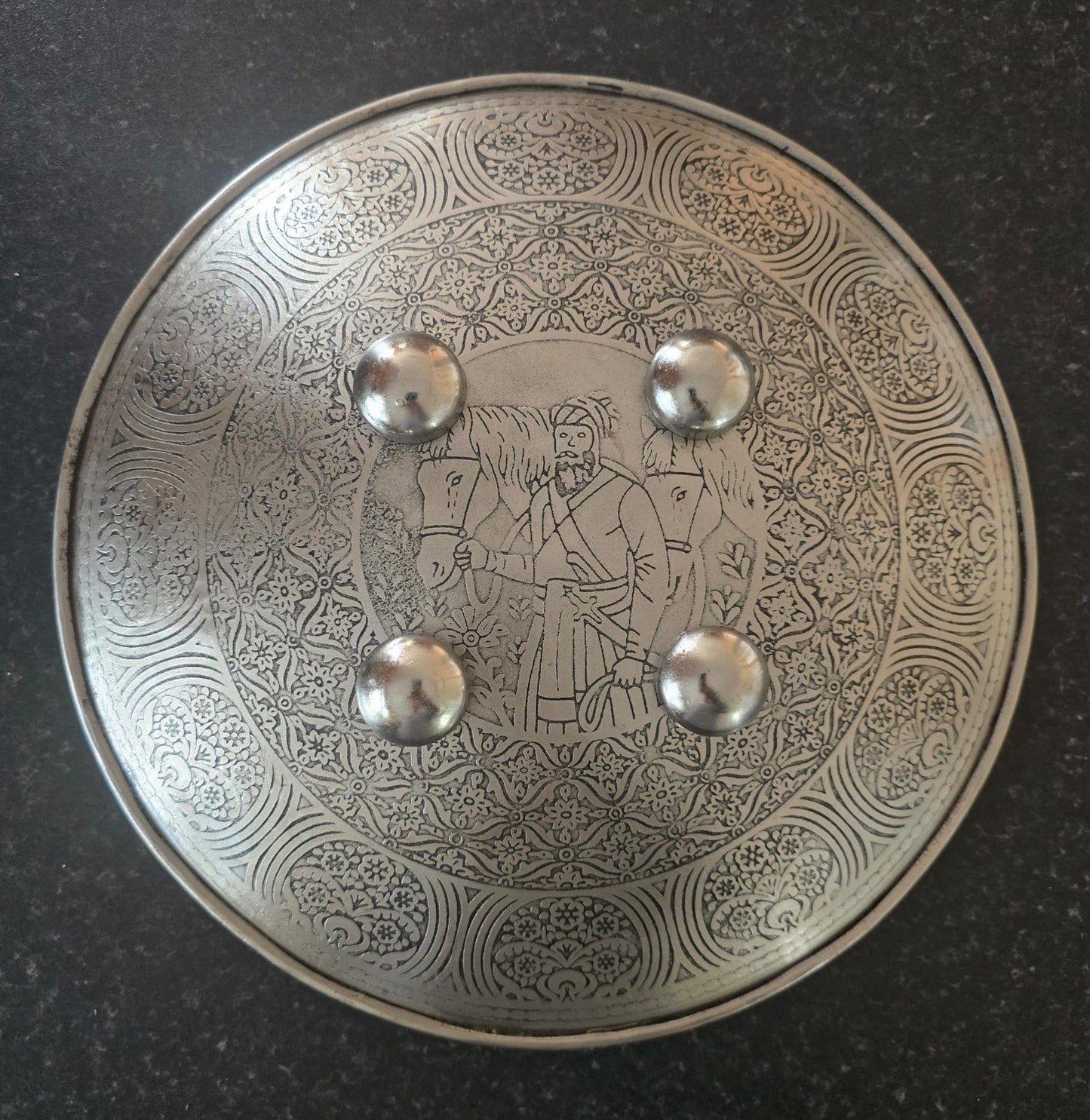 12” Silver Plated Iron Sikh Dhall Shield Nihang Singh & Baba Bidhi Chand Ji Wall