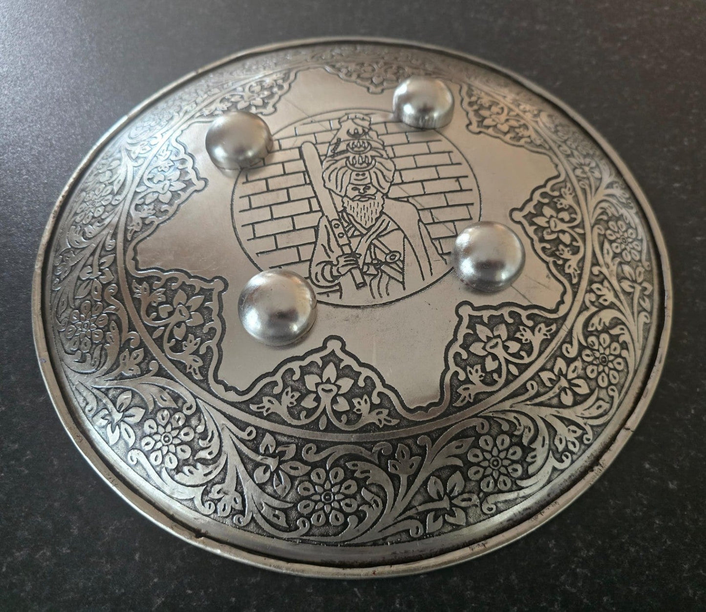 12” Silver Plated Iron Sikh Dhall Shield Nihang Singh & Baba Bidhi Chand Ji Wall