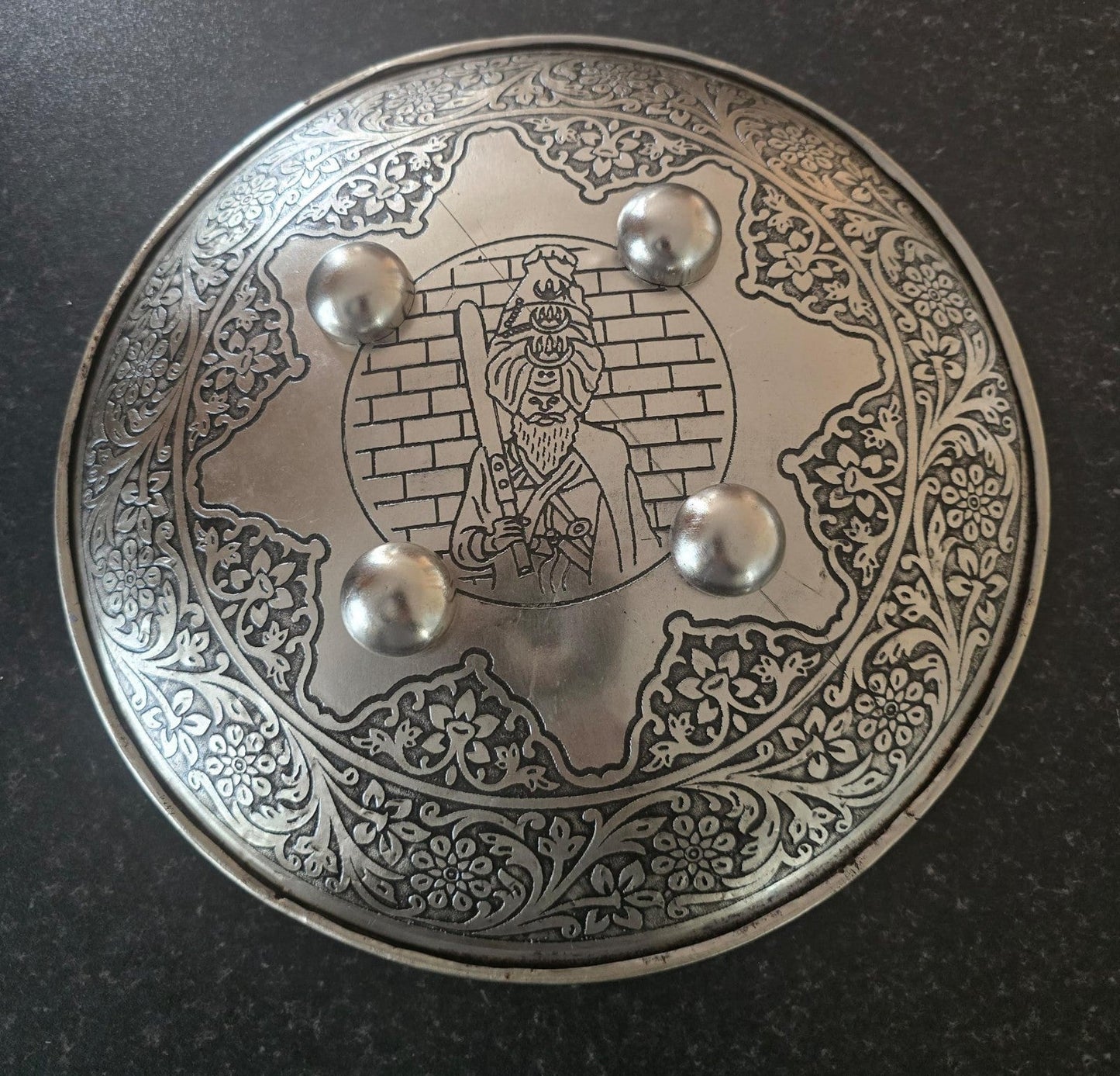 12” Silver Plated Iron Sikh Dhall Shield Nihang Singh & Baba Bidhi Chand Ji Wall