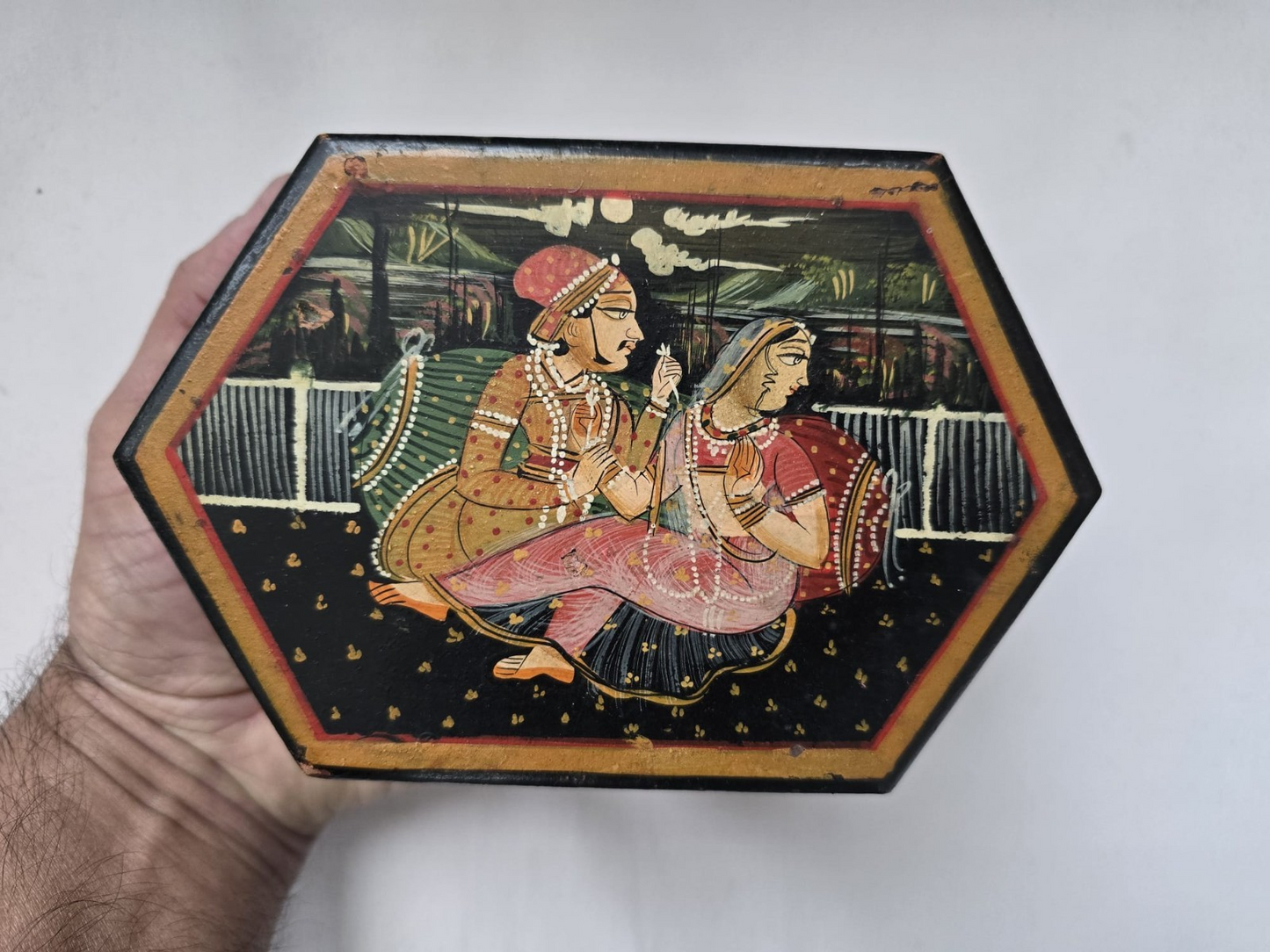 Vintage Mughal Miniature Hand Painted Wooden Akbar Anarkali Trinket Box Jewelry