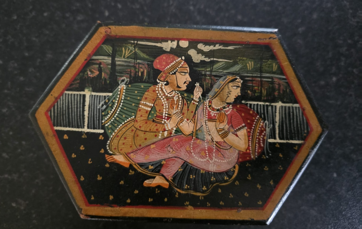Vintage Mughal Miniature Hand Painted Wooden Akbar Anarkali Trinket Box Jewelry