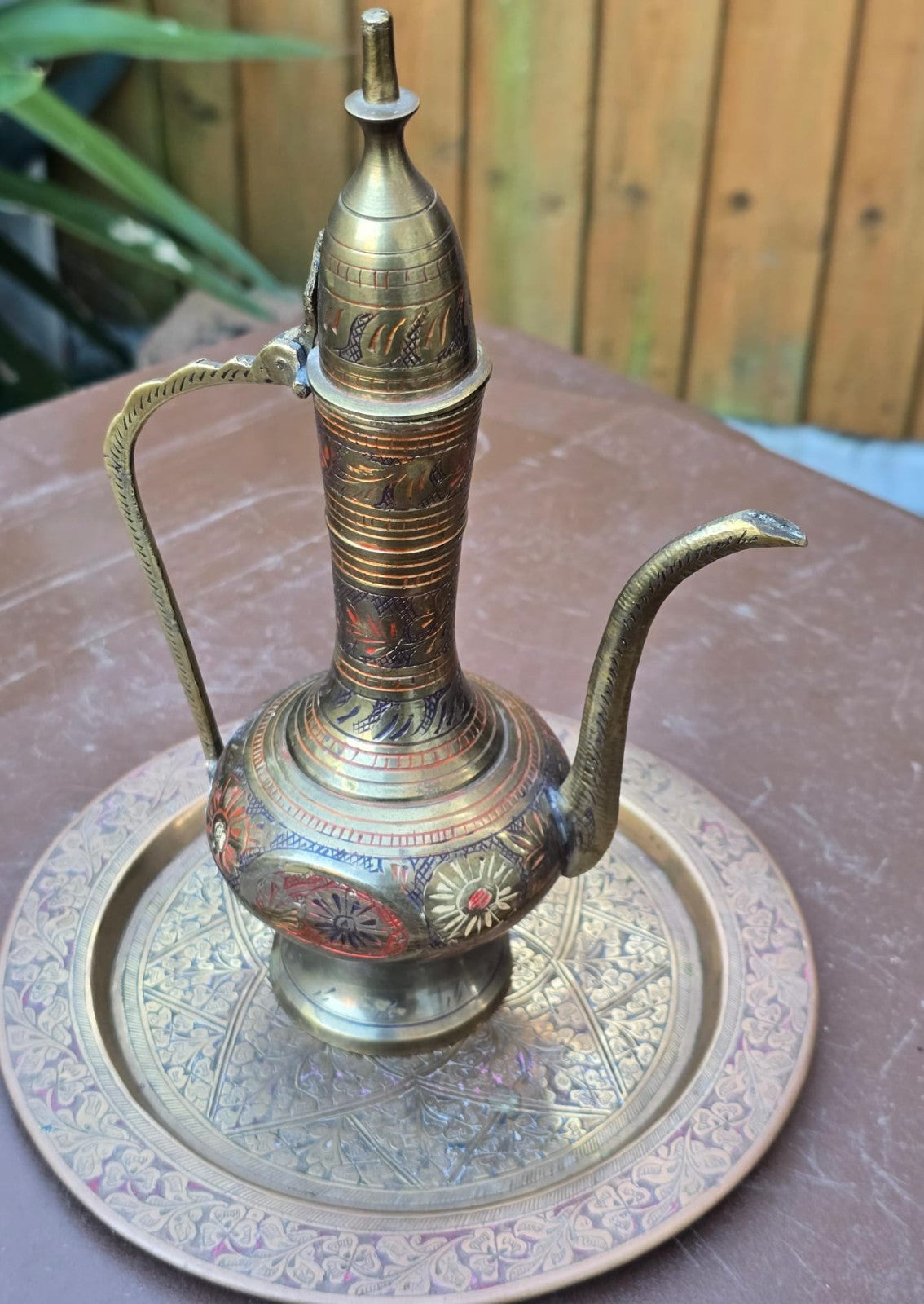 Vintage Kashmiri Brass Surahi & Etched Plate Set India 1940s Persian Aftaba Ewer