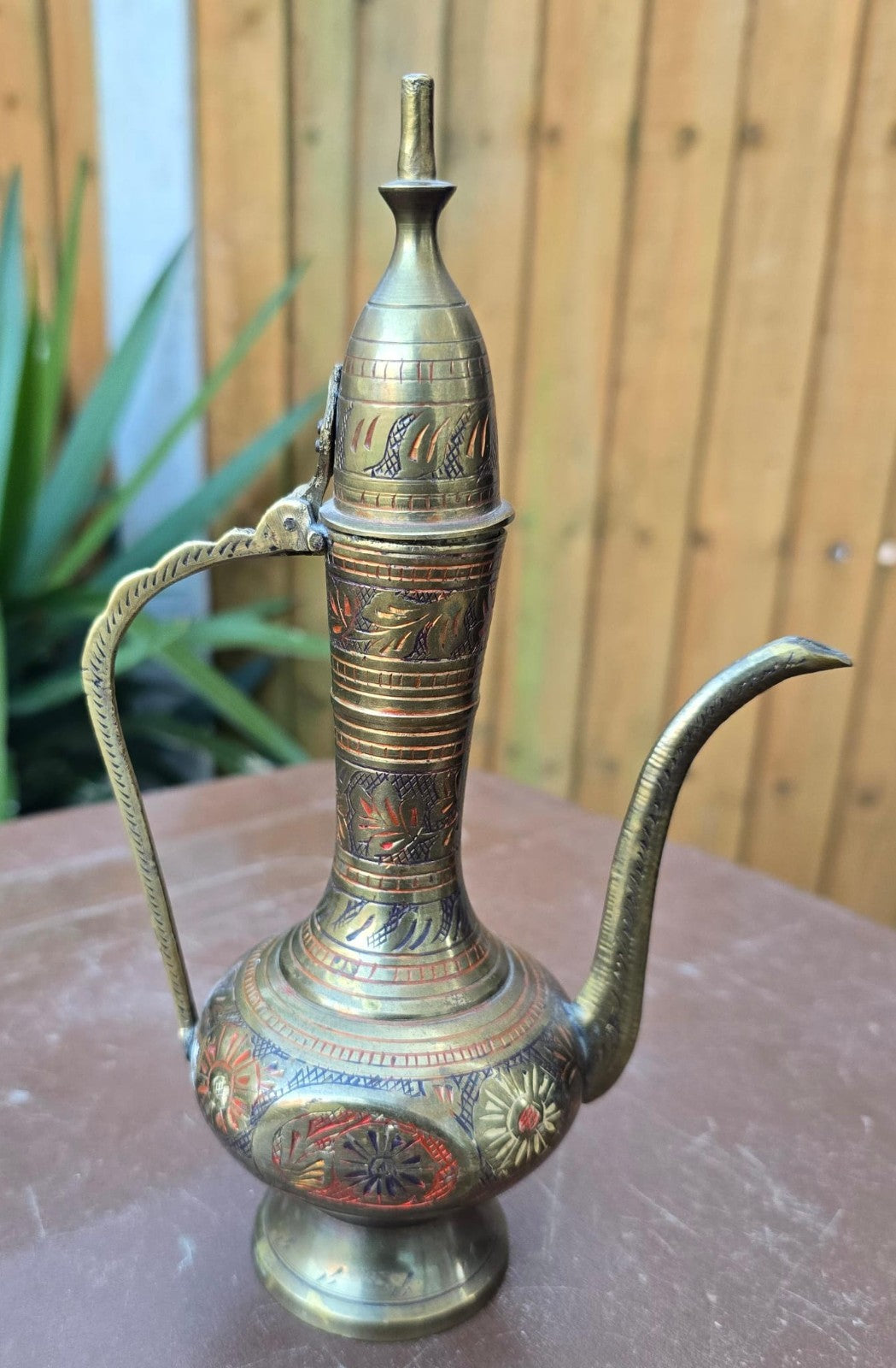 Vintage Kashmiri Brass Surahi & Etched Plate Set India 1940s Persian Aftaba Ewer