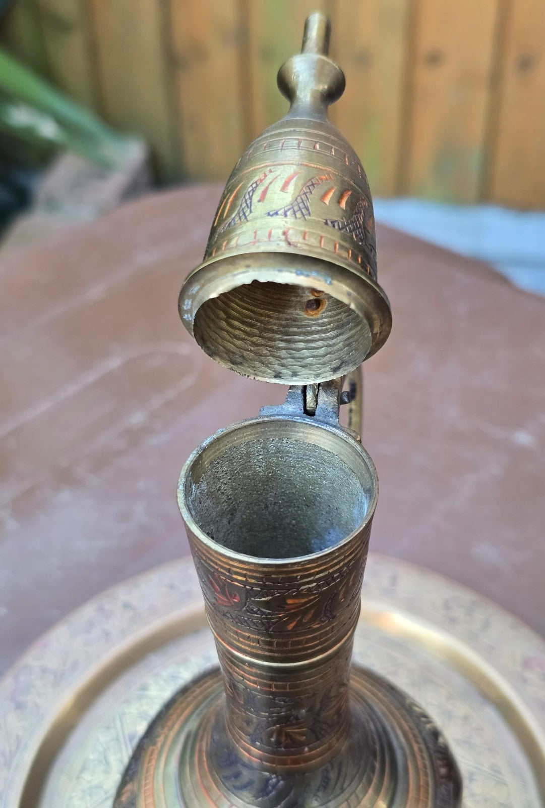 Vintage Kashmiri Brass Surahi & Etched Plate Set India 1940s Persian Aftaba Ewer