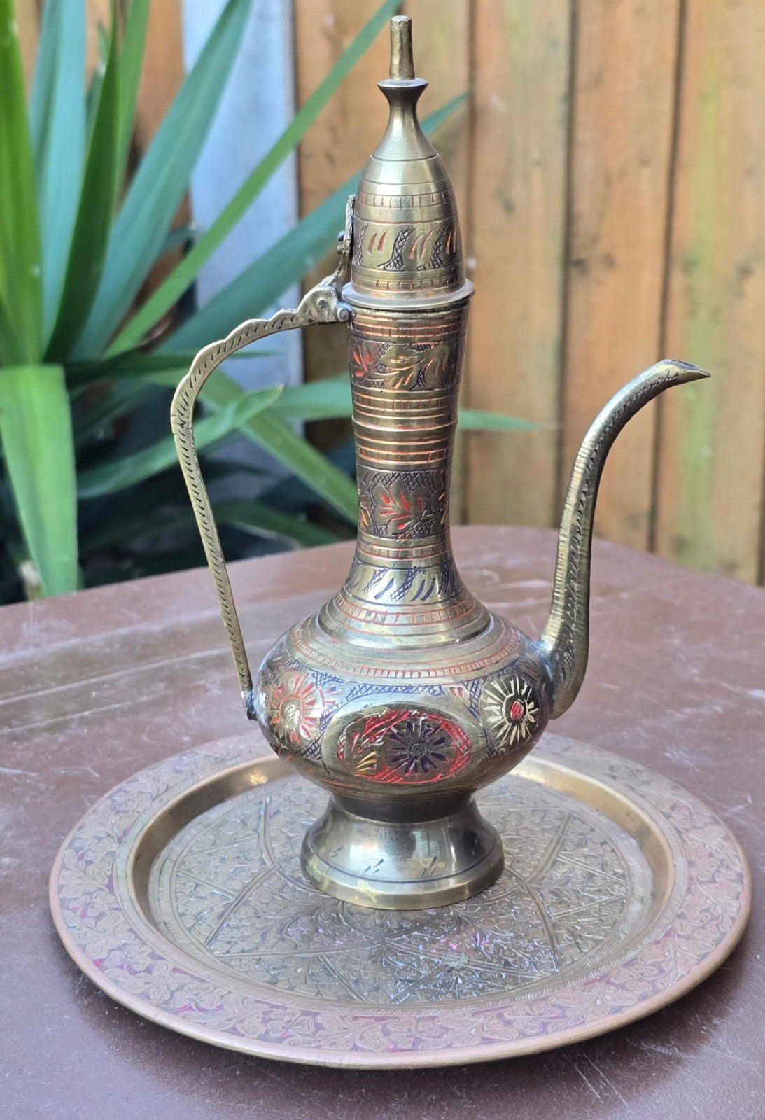 Vintage Kashmiri Brass Surahi & Etched Plate Set India 1940s Persian Aftaba Ewer