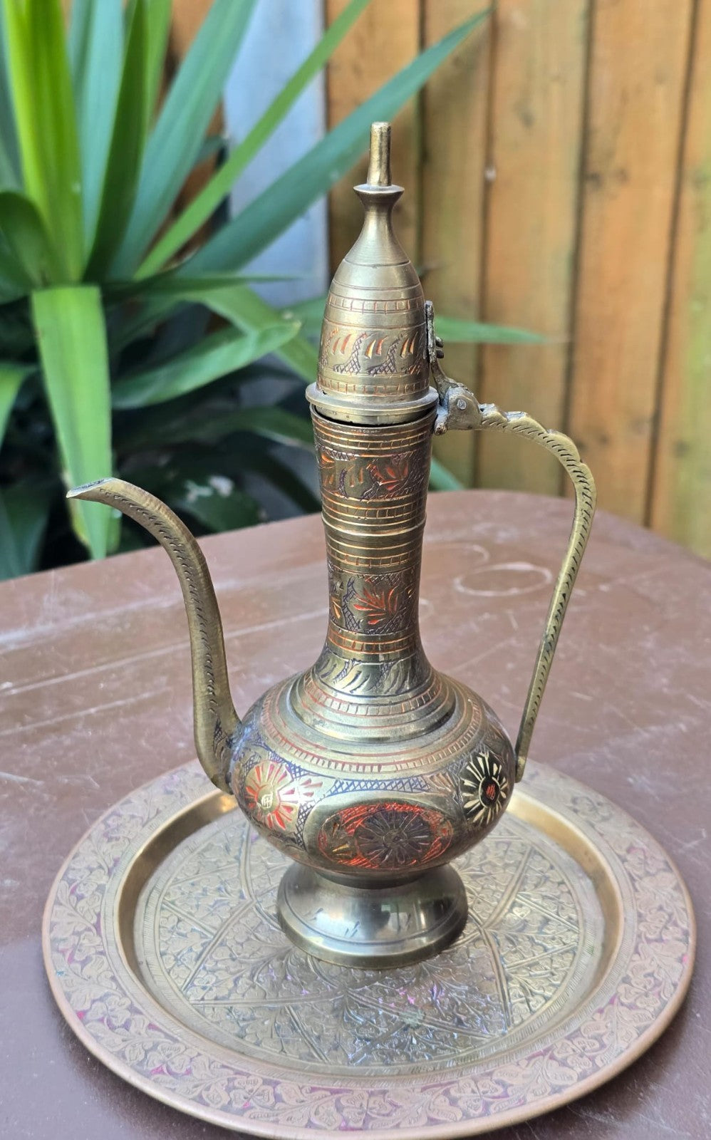 Vintage Kashmiri Brass Surahi & Etched Plate Set India 1940s Persian Aftaba Ewer