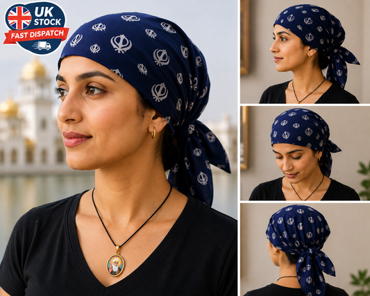 Sikh Punjabi Blue Khanda Cotton Rumal Head Wrap Cover Bandana Wedding Hankie New Unisex Roomal