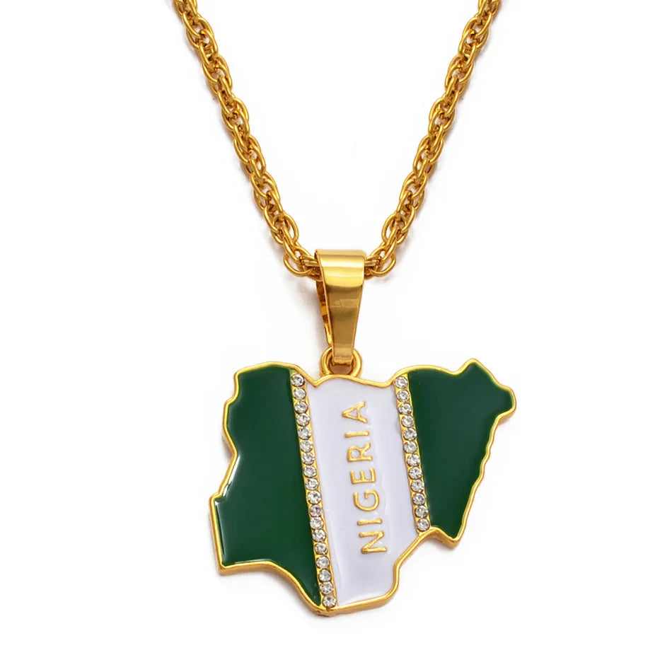 Anniyo Nigeria Map Flag Rhinestone Pendant Necklaces for Women Men Gold Color Nigerian Jewelry Patriotic  #068806