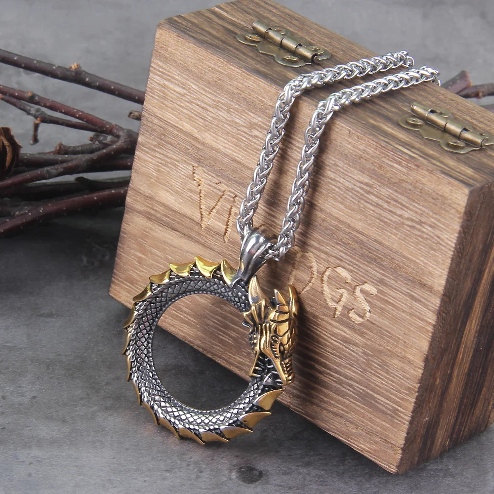 Never Fade Men Stainless steel Viking Self-devourer Ouroboros Valknut Amulet dragon Pendant Necklace with vikings wooden box