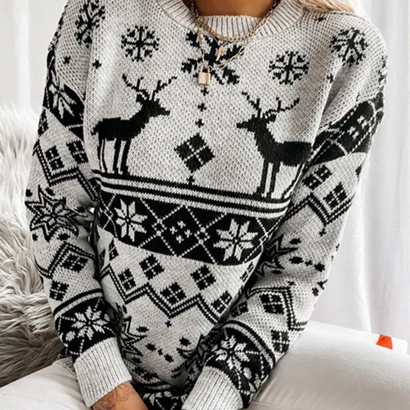 2025 Winter Women's Christmas Sweater Elk Print Knitted Jumpers Full Sleeve O Neck Casual Loose Knitwear Pullover Tops Xmas Look