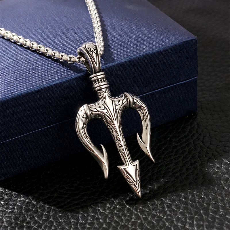 Vintage Neptune Poseidon Trident Pendant Necklace Ancient Greece Amulet Necklace Men Jewelry Gift for Sailor Unisex Jewelry