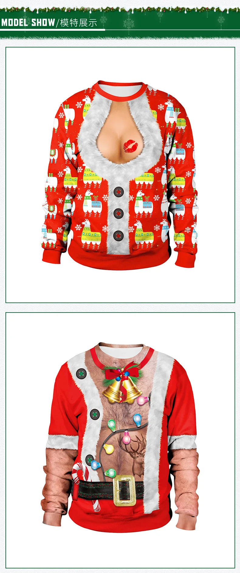 Ugly Christmas Fake sweaterr Unisex Men Women For Holidays Santa Cat Elf Christmas Funny Fake Hair Sweater Autumn Winter Blouses