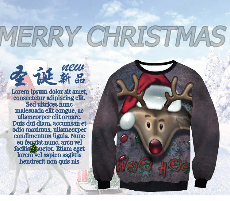 3D Christmas Deer Snowman Christmas gift Santa Claus Patterned Ugly Sweater Jerseys and Sweaters blouses For Men Women Pullover