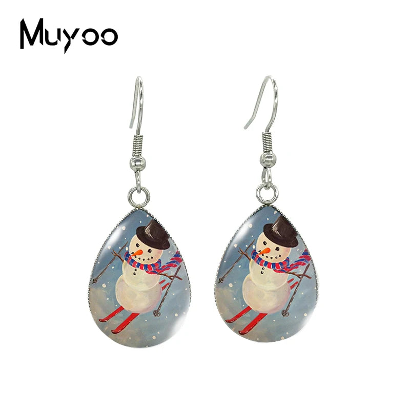 2021 New Snowman Tear drop Earring Merry Christmas Fish hook Earrings Glass Cabochon Jewelry Handmade Items