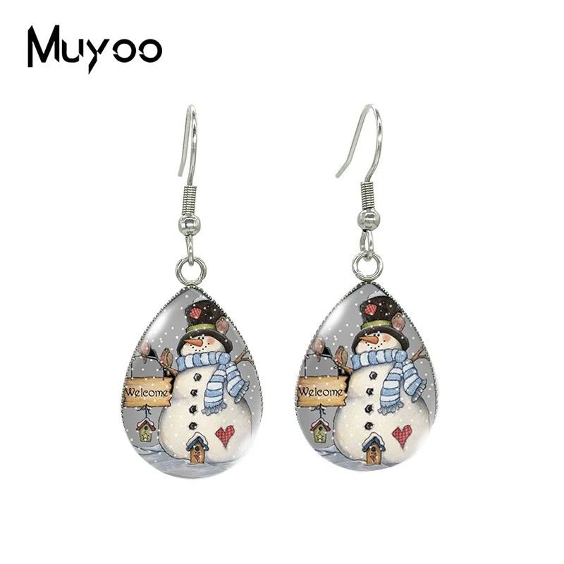 2021 New Snowman Tear drop Earring Merry Christmas Fish hook Earrings Glass Cabochon Jewelry Handmade Items