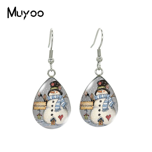 2021 New Snowman Tear drop Earring Merry Christmas Fish hook Earrings Glass Cabochon Jewelry Handmade Items