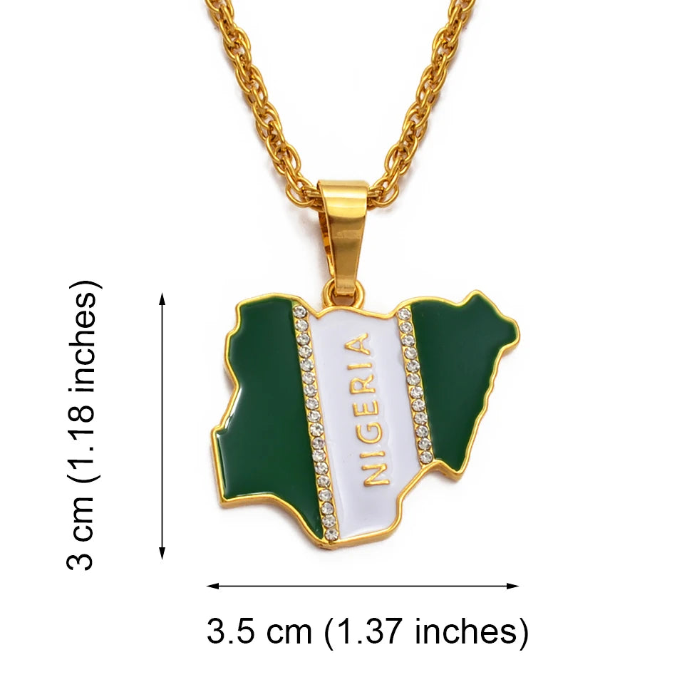 Anniyo Nigeria Map Flag Rhinestone Pendant Necklaces for Women Men Gold Color Nigerian Jewelry Patriotic  #068806